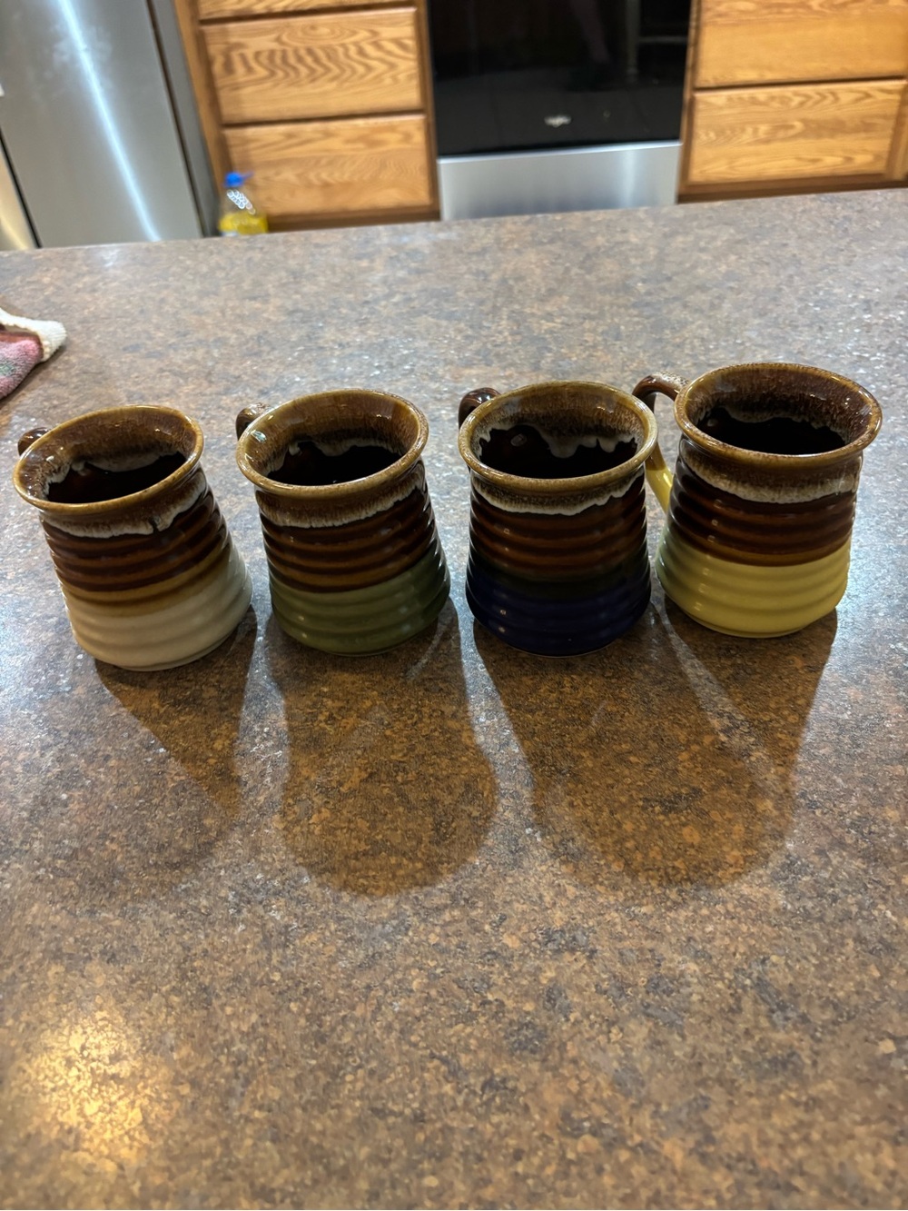 Handmade Ceramic Ridge Mug - Brown Glaze with Colored Base (Set of 4) 1970s
